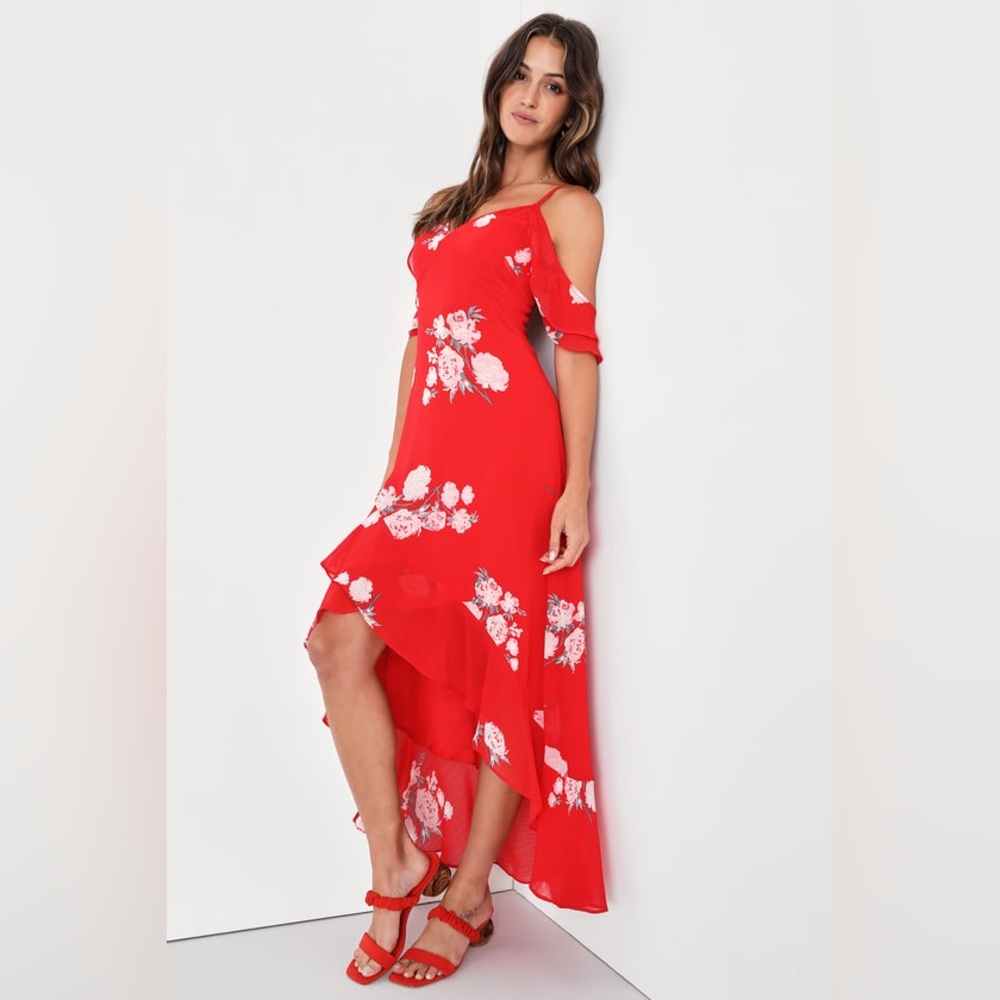 NWT Lulu’s Love in Bloom Red Floral Print Off-the-Shoulder High-Low Dress